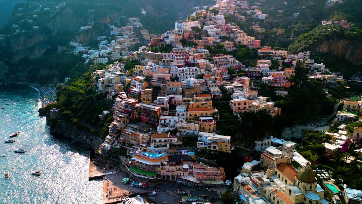 Stunning aerial view of Positano with its colorful hillside buildings along the Amalfi Coast in Italy.